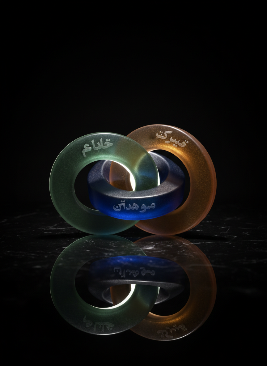 A symbolic composition of three interlocking, translucent glass shapes in the colors of muted green, deep blue, and warm gold, resting on a reflective black surface. Each form has smooth, polished edges and etched Persian words representing عدالت, گفتوگو, and همزیستی. A thin line of light runs where the shapes intersect, suggesting unity and cooperation. Dramatic side lighting in a dark studio environment creates sharp, elegant reflections and long, soft-edged shadows. Photographic realism with a centered, symmetrical composition, captured at a low angle to emphasize solidity and balance. The atmosphere is serious yet hopeful, conveying the idea that the peaceful future of Iran emerges where these principles overlap in political thought and practice.