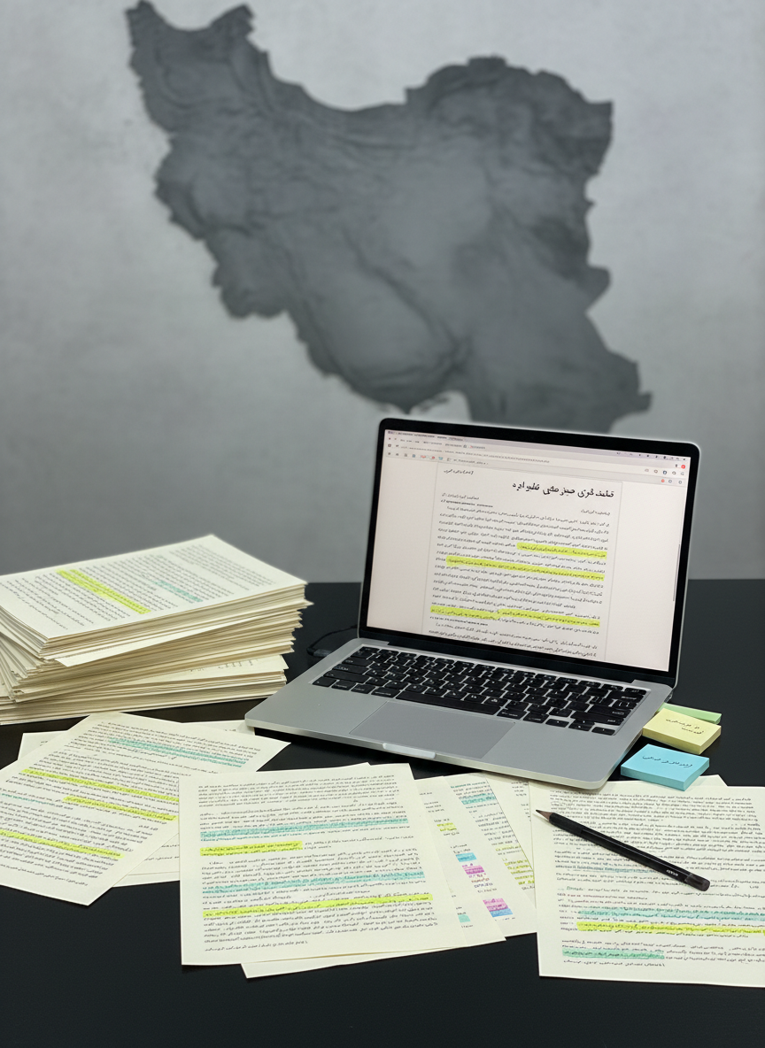 An elegant, minimalist workspace featuring an open silver laptop displaying a Persian political essay, surrounded by neatly organized printed pages filled with highlighted Persian text about آینده ایران. The documents are spread on a smooth matte-black desk, alongside color-coded sticky notes and a slender graphite mechanical pencil. Cool, even studio lighting creates a clean, neutral atmosphere with soft shadows at the paper edges. Photographic realism from a slightly elevated angle emphasizes order and clarity. In the blurred background, a monochrome map of Iran hangs on the wall, symbolizing context without dominating the frame. The overall mood is analytical and professional, focused on rigorous, peaceful political thought and structured argumentation.