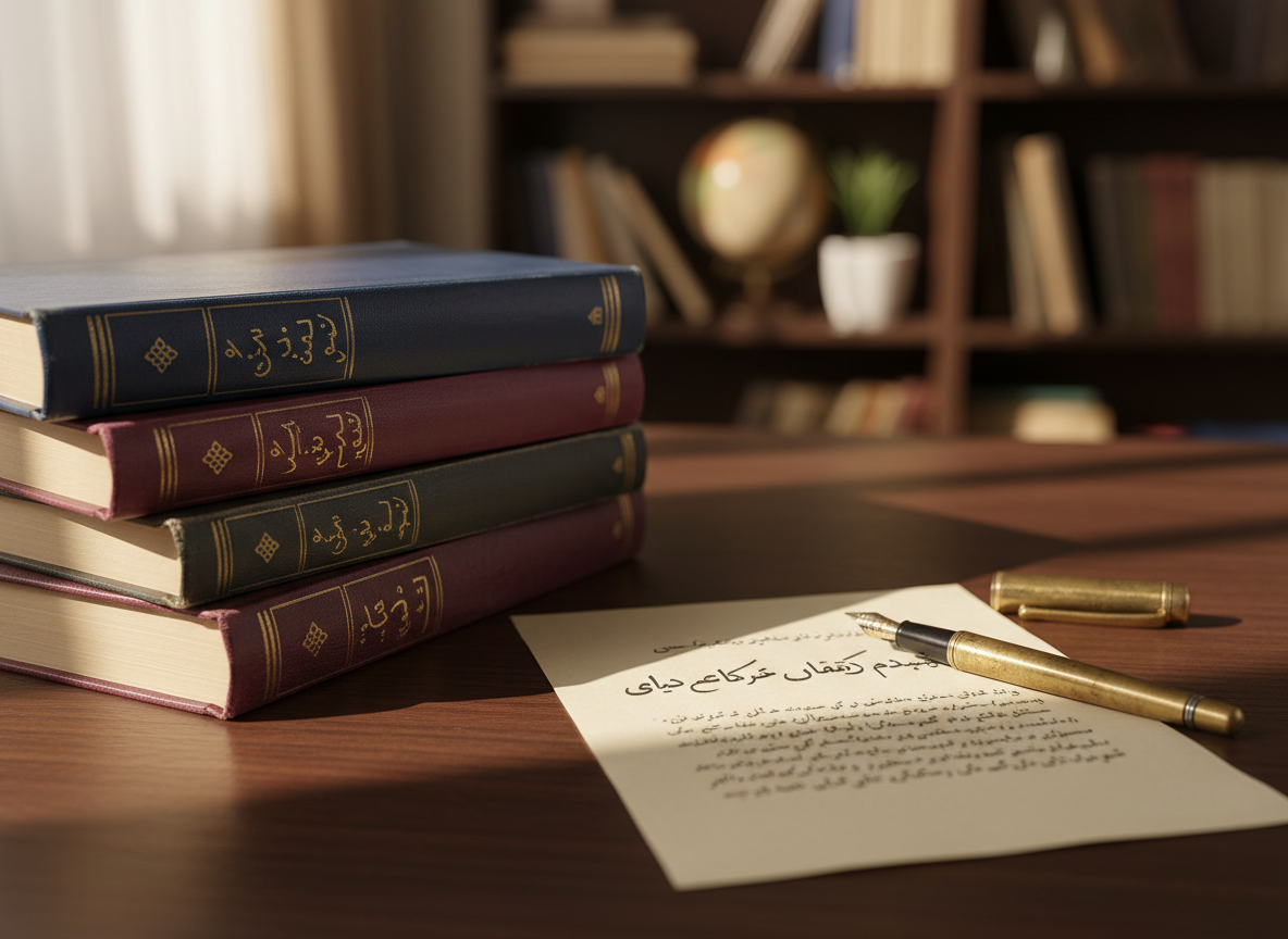 A stack of well-worn political philosophy books in Persian, with deep indigo, burgundy, and charcoal covers, rests on a dark walnut desk. Beside them lies an antique brass fountain pen and a neatly folded sheet of cream paper bearing faint handwritten Persian notes about همزیستی مسالمت آمیز. Soft, diffused afternoon light filters through an unseen window, creating gentle reflections on the polished wood and subtle shadows between the books. Photographic realism, captured at eye level with a shallow depth of field, keeping the book titles in sharp focus while the background dissolves into a warm, intellectual blur. The mood is professional, contemplative, and forward-looking, suggesting serious reflection on the future of Iran through political literature.